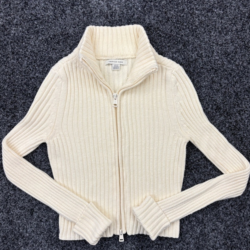 American Eagle‎ Cream Ribbed Full Zip Mock Neck Sweater Small Two Way Zipper